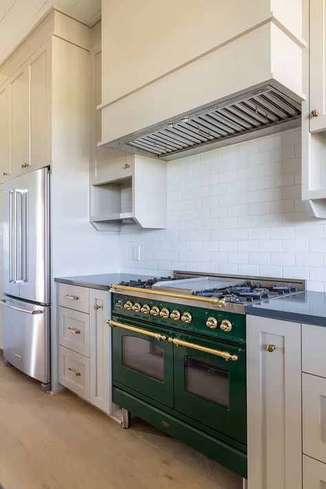 Large Oven In Kitchen, Large Range Stove, 48 In Range Kitchen, Green Oven Kitchen, Viking Tuscany Range Kitchen, Green Stove Range, Ilve Stove In Kitchen, Range And Fridge On Same Wall, Viking Stove Kitchen