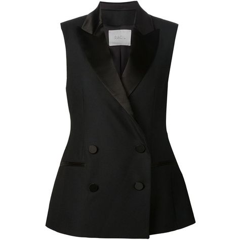 Racil East Village Vest ($985) ❤ liked on Polyvore featuring outerwear, vests, kirna zabete, tops, slim vest, black slim fit tuxedo, black waistcoat, slim fit tuxedo and tux vest Black Sleeveless Jacket, No Sleeve Jacket, Black Singlet, Blazers Black, Double Breasted Tuxedo, Black Waistcoat, Tuxedo Vest, Slim Vest, Tuxedo Black