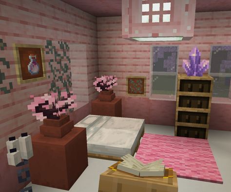 Pink Blossom Minecraft House, Cute Minecraft Bed Ideas Pink, Cute Room Minecraft, Pink Bedroom Minecraft Ideas, Minecraft Room Design Ideas, Pink Things To Build In Minecraft, Sakura Builds Minecraft, Cute Pink Minecraft Bedroom, Room Decor Ideas Minecraft