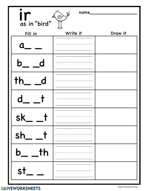 R controlled vowel ir - Interactive worksheet Ir Words Phonics, Controlled R Worksheets, R Controlled Vowels Worksheets, R Controlled Vowels Activities, Speech Language Pathology Grad School, Vowels Worksheet, Vowel Teams Worksheets, R Controlled Vowels, Phonic Games