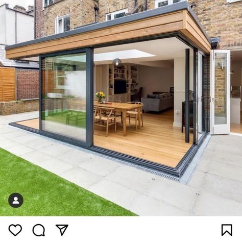 Sliding doors, Bifold doors with 90 degree and 135 degree moving corner posts · 1st Folding Sliding Doors Extension Veranda, Design Per Patio, Arsitektur Art Deco, Flat Roof Extension, Asma Kat, Garden Room Extensions, House Extension Plans, Pelan Rumah, Sliding Folding Doors