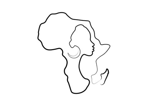 Black African Woman in line art style, continuous line drawing of Afro woman and African continent map. Vector linework tattoo icon logo isolated on white background Tattoo Of African Woman, Line Art Afro Woman, Africa Small Tattoo, Small African Tattoo For Women, Black Woman Art Tattoo, Africa Line Art, African Continent Art, West African Tattoos For Women, Made In Africa Tattoo