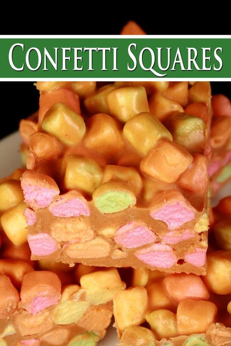 A plate of butterscotch and marshmallow confetti squares. Marshmallow Butterscotch Squares, Butterscotch Marshmallow Squares, Butterscotch Marshmallow, Peanut Butter Marshmallow Bars, Butterscotch Peanut Butter, Confetti Squares, Peanut Butter Marshmallow Squares, Marshmallow Squares, Peanut Butter Squares