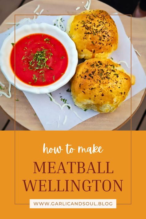 Try this easy meal that takes an affordable twist on a classic dish. This meatball wellington will be a new family favorite! Meatball Wellington Puff Pastries, Meatball Wellington, Cheesy Puff Pastry, Tomato Dipping Sauce, Juicy Meatballs, Wellington Recipe, Cheesy Meatballs, How To Make Meatballs, Hearty Dinner