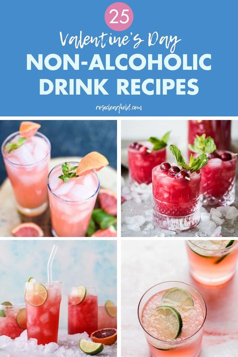 A round-up of 25 non-alcoholic drink recipes that are perfect for Valentine's Day! Red and pink punch, hot chocolate, Italian soda, virgin cocktails, and much more. #ValentinesDay #nonalcoholic #virgindrinks #mocktails Valentines Day Virgin Cocktails, Valentines Day Mocktails Non Alcoholic, Valentine’s Day Punch Non Alcoholic, Non Alcoholic Valentines Drinks, Valentines Punch Recipes Non Alcoholic, Red Non Alcoholic Drinks, Valentine’s Day Punch, Valentine Drinks Nonalcoholic, Mocktails Non Alcoholic Valentines Day