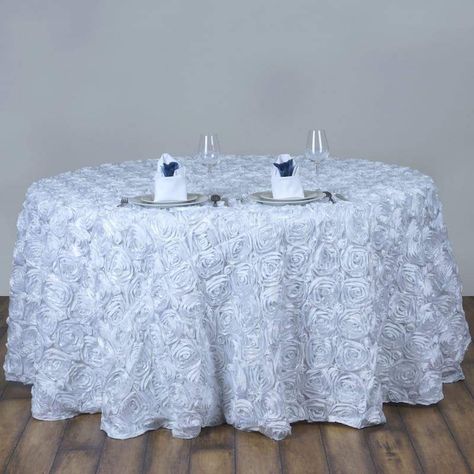 120" White Grandiose Rosette 3D Satin Round Tablecloth Rosette Tablecloth, 120 Round Tablecloth, Round Table Sizes, Round Tablecloths, Satin Ribbon Roses, Table Overlays, 3d Rose, Table Skirt, Floral Tablecloth