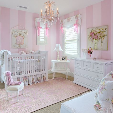 This kind of stuff makes me want a baby girl one day. Nursery Chandelier, Baby Nursery Design, Kind Photo, Princess Nursery, Striped Walls, Princess Room, Girly Room, Pink Nursery