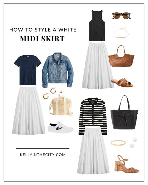 How to Style a White Midi Skirt White Midi Skirt Outfit Summer, Tiered Midi Skirt Outfit, White Tiered Skirt Outfit, White Midi Skirt Outfit, Midi Skirt Outfit Summer, Tiered Skirt Outfit, Flare Skirt Outfit, Linen Skirt Outfit, Midi Skirt Outfits Summer