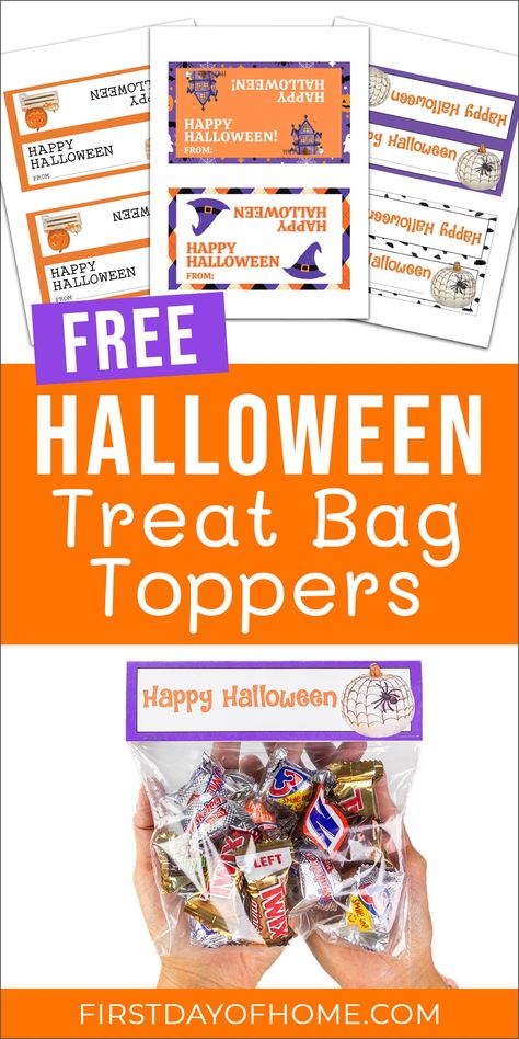 Download these free printable treat bag toppers to use with Ziplock bags for Halloween treats. There are 6 designs to choose from that can be printed and cut at home. #firstdayofhome #halloween #printables Halloween Free Printables Treat Bags, Halloween Treat Bag Labels Printable, Halloween Treat Bag Printables Free, Free Halloween Treat Bag Printables, Halloween Bag Toppers Free Printable, Halloween Treat Bag Tags Free Printable, Halloween Goodie Bag Ideas, Halloween Bag Toppers, Halloween Treat Bag Tags