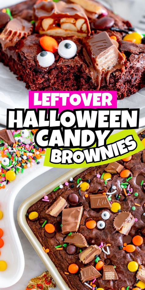 Brownies with candy add-ins Halloween Candy Brownies, Halloween Candy Desserts, Monster Brownies Halloween, Halloween Brownie Recipes, Spooky Desserts Halloween, Halloween Brownies Ideas, Monster Brownies, Candy Brownies, Halloween Food Crafts