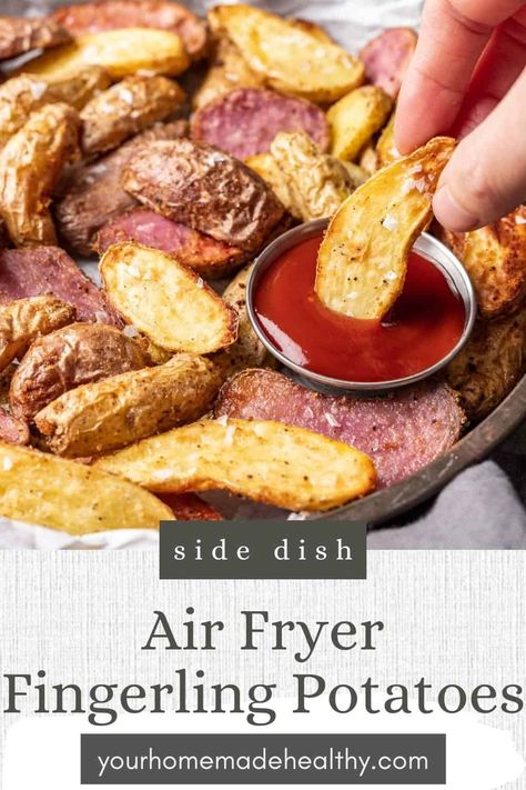 These Air Fryer Fingerling Potatoes are crispy on the outside, tender on the inside and ready to eat in just 25 minutes. Serve alongside your favorite healthy protein and veggies for a well rounded family dinner or cook them up for a quick and easy snack. Fingerling Potato Recipe Air Fryer, Air Fryer Fingerling Potatoes, Fingerling Potato Recipe, Fingerling Potatoes Recipes, Family Breakfast Recipes, Potato Snacks, Fingerling Potatoes, Homemade Salads, Air Fryer Healthy