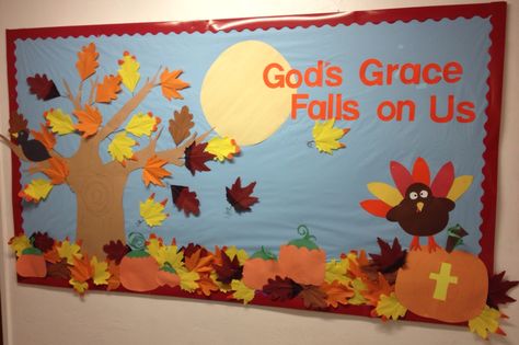 Gods Grace Falls on Us - fall thanksgiving bulletin board His Grace Falls On Us Bulletin Board, Sunday School Fall Bulletin Boards, Fall Sunday School Bulletin Boards, Easter Church Bulletin Boards, Thanksgiving Classroom Door, Bulletin Board Sayings, Catholic Bulletin Boards, Unique Bulletin Board Ideas, Religious Bulletin Boards