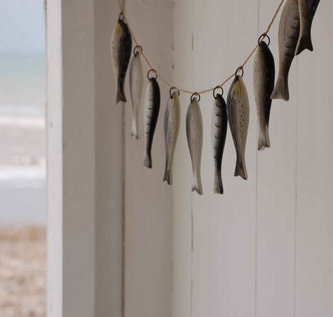 Fish Garland, Beach Moodboard, Fish Decorations, Wooden Fish, Sea Design, Fishing Decor, Fishing Theme, Handmade Ideas, Beach Hut