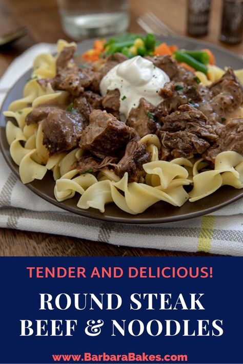 Classic comfort food this Round Steak Beef and Noodles recipe is similar to beef bourguignon but easier to make. It’s a family favorite that my family is always happy to see on the table. #BarbaraBakes #beefandnoodles #bestbeefdinners Beef Round Steak Recipes, Bottom Round Steak Recipes, Easy Beef And Noodles Recipe, Beef Bottom Round Steak, Top Round Steak Recipes, Dinner Main Dishes, Beef And Noodles Recipe, Beef Round Steak, Round Steak Recipes