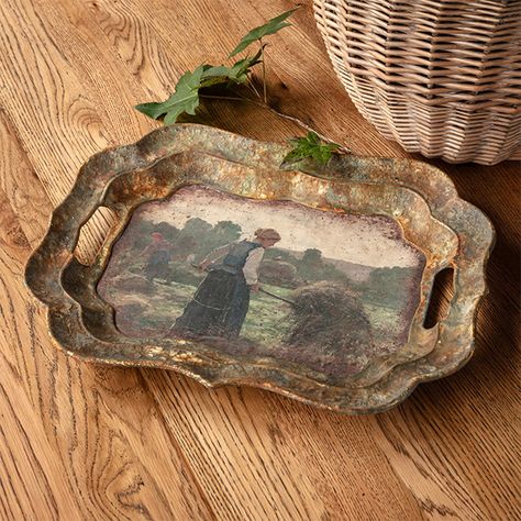 <p>You will appreciate the unique beauty of our <strong>Rustic Morning Chores Serving Tray. </strong> Featuring an aged finish, this decor piece features a hay harvest morning and can function as a serving tray or can be hung as a beautiful art piece on your wall. Add a touch of farm charm to any room in your home with this tray.</p> Metal Tray Decor Ideas, Farm Shop Ideas, Farm Table Centerpiece, Tray Wall Decor, Morning Chores, Christmas Trays, Christmas Serving Tray, Vintage Lampshades, Branch Centerpieces