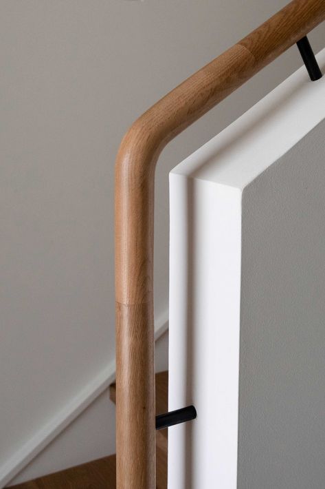 The white oak handrail serves as a familiar and steady guide from entry up to the third floor. Oak Handrails For Stairs, White Oak Handrail, Staircase Handrail Design, Stair Handrail Ideas, Handrails For Stairs, Stairs Handrail, Pine Point, Oak Handrail, Wood Handrail