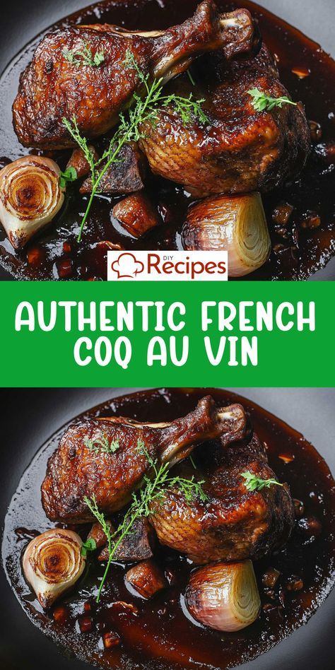 Make authentic Coq au Vin at home! This traditional recipe features chicken marinated in red wine, simmered with mushrooms, bacon, and herbs for a delicious meal. Best Coq Au Vin Recipe, Cog Au Vin Recipe, Cocovan Recipe Coq Au Vin, Coq Au Vin Recipe Slow Cooker, Coc Au Vin Recipe, Chicken Coq Au Vin Recipe, Red Wine Recipes Cooking, Slow Cooker Coq Au Vin, Red Wine Chicken