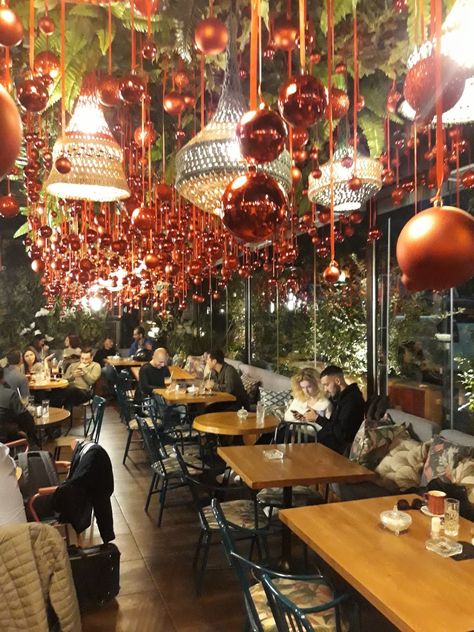 Christmas decoration coffe bar restaurant by stinteriordesign.gr Restaurant Xmas Decorations, Christmas Decoration For Restaurant, Christmas Decor Ideas For Restaurant Bar, Christmas Decor Ideas For Cafe, Christmas Decorations Coffee Shop, Terrace Christmas Decor, Christmas Decor Restaurant Ideas, Pub Christmas Decor, Christmas Decor Ideas Cafe