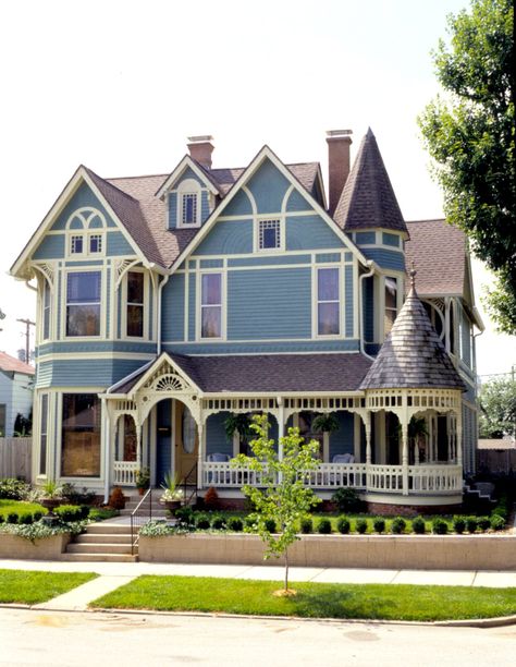 exterior-blue-white-victorian-style-house-c998609d Blue Victorian House Exterior, Victorian House Exterior, Blue Victorian House, Colonial Remodel, Victorian Homes Exterior, Interesting Houses, Victorian Porch, House Mansion, Victorian Exterior