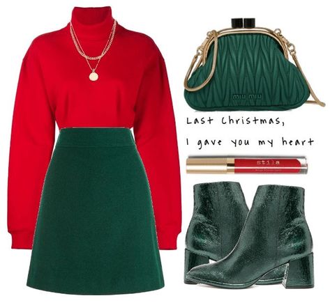 Red Outfit For Christmas Party, Red With Green Outfit, Christmas Red Outfit Women, Red Green Outfit Aesthetic, Red And Green Outfit Ideas, Red And Green Outfit Christmas, Christmas Elf Outfit Aesthetic, Christmas Elf Outfits Women, Polyvore Christmas Outfits