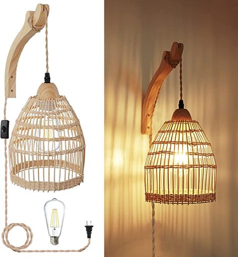 Rattan Hanging Lamp Bedroom, Wall Sconces Bedroom Boho, Boho Bedside Wall Lights, Hanging Lamp From Wall, Hanging Sconces Living Room, Wall Mount Pendant Light, Wicker Hanging Light Bedroom, Bedside Pendant Lights Plug In, Boho Sconces Bedroom