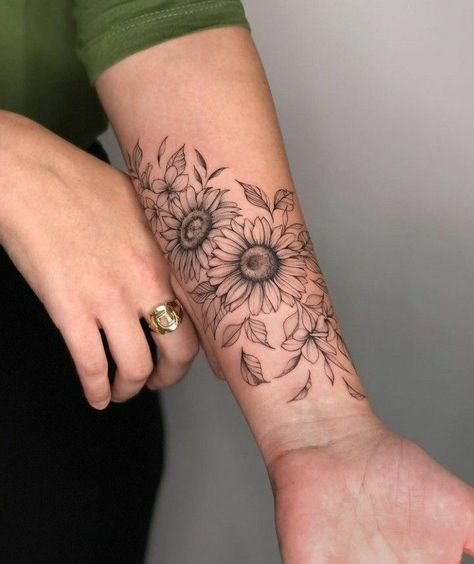 Sunflower Arm Wrap Tattoo, Sunflower Upper Arm Tattoos For Women, Sunflower Armband Tattoo, Thigh Tattoos Wrap Around, Sunflower Tattoo Inner Arm, Sunflower Tattoo Placement, Sunflower Tattoo On Forearm, Sunflower Half Sleeve Tattoo, Geometric Sunflower Tattoo