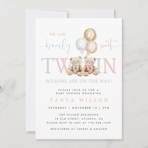 We Can Bearly Wait Twins, Twin Baby Shower Theme, Twins Boy, Baby Shower Games Unique, Teddy Bear Baby Shower Invitations, Baby Shower Invites Neutral, Classy Baby Shower, Bear Baby Shower Theme, Twins Baby Shower Invitations