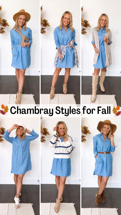 Chambray Skirt Outfit Fall, Blue Jean Shirt Dress Outfit, Denim Fall Dress, Denim Shirt Dress Outfit Women, Dresses For Fall 2023, Denim Dress Fall 2023, Denim Shirt Dress Outfit Summer, Denim Dress Outfit Ideas Fall, Dress Up Blue Jeans Outfit Ideas