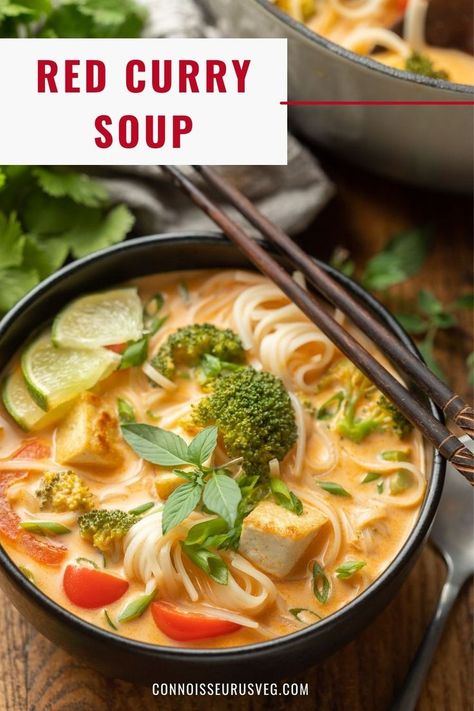 This cozy red curry noodle soup is made with tender noodles, veggies and pan-fried tofu in a spicy Thai coconut milk broth. Super easy to make, full of flavor, and satisfying enough for a meal! Vegan & gluten-free! Red Curry Tofu, Vegetarian Diet Recipes, Curry Noodle Soup, Red Curry Noodle Soup, Carrot Soup Recipes, Tofu Curry, Tofu Soup, Vegan Dinner Recipes Easy, Curry Noodles