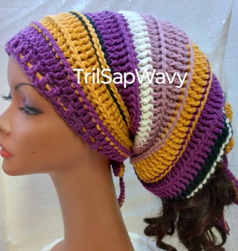 This crochet Dreadloc hair sleeve is made with acrylic yarn.  This hat is unlined.  It has a drawstring so it can be tied securely on your head, and has a drawstring closure so your long locs or braids can be contained and out of the way.  Your dreads can hang out of the back opening or tied securely in place.   This loc tube will fit a head measuring up to 24 inches in circumference and should stretch to hold waist length locs. Machine wash on gentle cycle, cold water.  Tumble dry on low heat.   Thanks for checking out this listing. Crochet Dread Hat Pattern Free, Hats For Dreadlocks, Crochet Loc Sock, Dreads Hat, Dreadlock Crochet Hook, Dread Wraps, Crochet Dreads, Hair Socks, Crochet Slouchy Hat