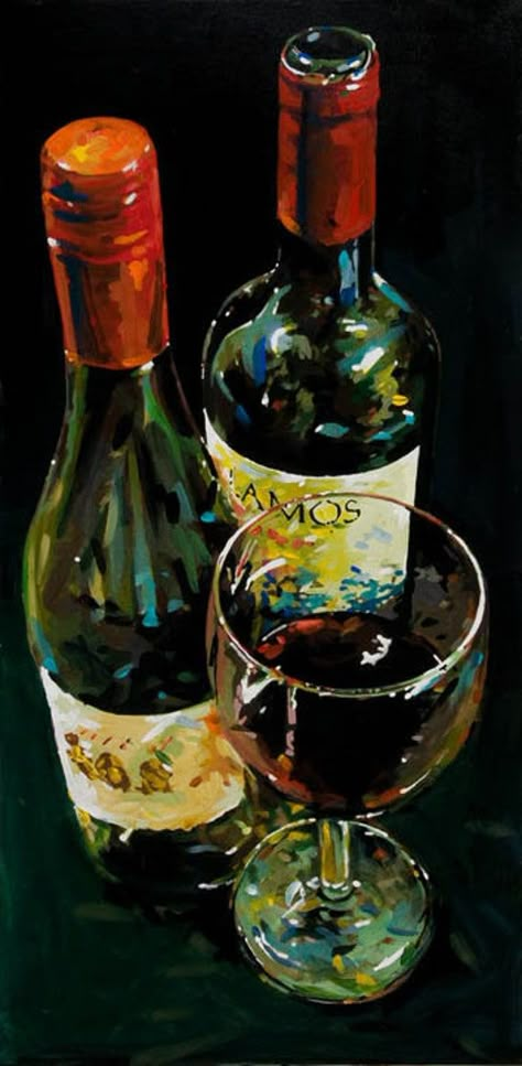 Before I do a painting, a bottle of wine seems to help loosen me up, and I always seem to fill her up when getting low and the painting flows with the wine. Wine Drawing Reference, Alcohol Art Bottle, Red Wine Painting, Wine Bottle Painting On Canvas, Winery Painting, Wine Art Painting, Painting Wine Bottles, Kitchen Art Painting, Wine Paintings