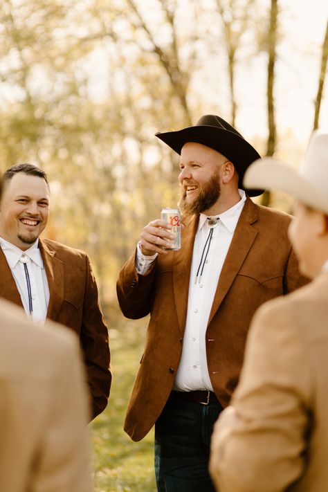 Bolo tie wedding Groom In Jeans, Tan Suit Wedding, Bolo Tie Wedding, Tan Suit, Groom Ties, Groomsmen Suits, Bolo Tie, Western Wedding, Wedding Ties