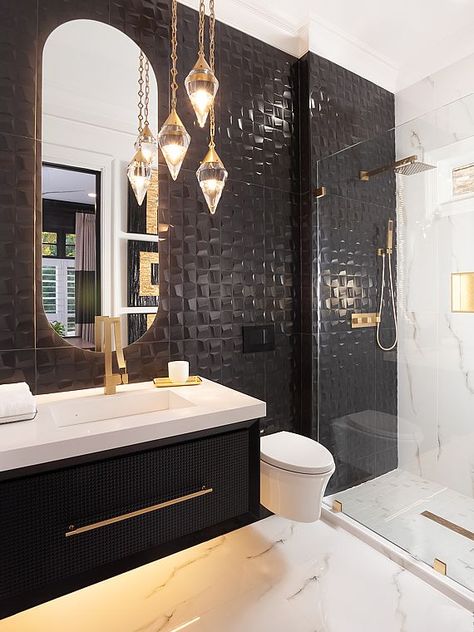 Black Glamour - The Sisters and Company 770-498-7780 Barbara Elliott & Jennifer Ward-Woods Black And Gold Bathroom, Bathroom Design Black, Bathroom Decor Luxury, Gold Bathroom, Bathroom Inspiration Decor, Bathroom Design Luxury, Dream Bathrooms, Bathroom Layout, Bathroom Wallpaper