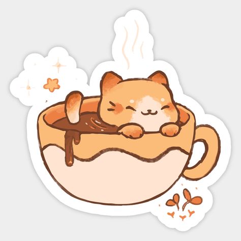 Coffee Drawing Cute, Cute Coffee Stickers, Stickers Cafe, Doodles Cat, Cafe Stickers, Cat Drinking Coffee, Coffee Sticker Design, Cute Cat Stickers, Cat And Coffee