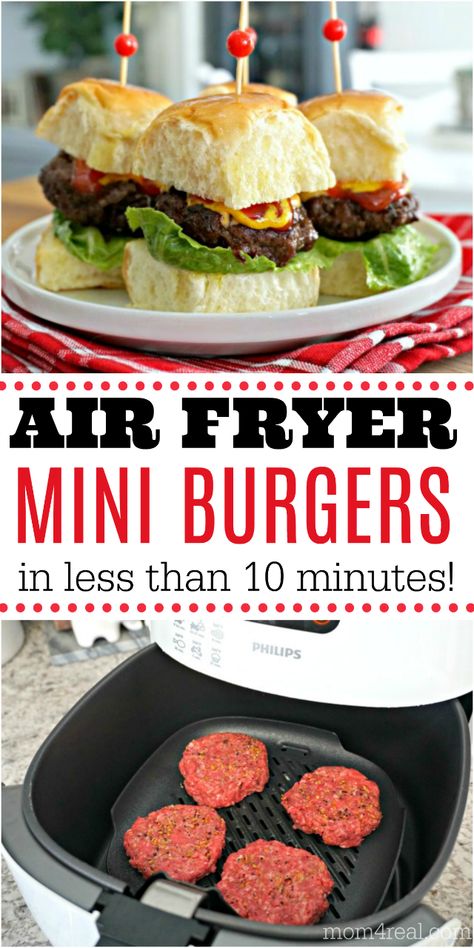 These Air Fryer Mini Burgers with Cheese are ready in less than 10 minutes, are full of flavor and oh so juicy! Plus, they can be made using ground beef, ground turkey or ground pork, and the kiddos love them! #airfryer #miniburgers #airfryerburgers #airfryerrecipes via @Mom4Real Air Fryer Recipes Vegetables, Air Fryer Recipes Breakfast, Air Fryer Recipes Appetizers, Beef Ground, Air Fryer Oven Recipes, Air Fry Recipes, Mini Burgers, Cheese Burger, Air Fryer Dinner Recipes