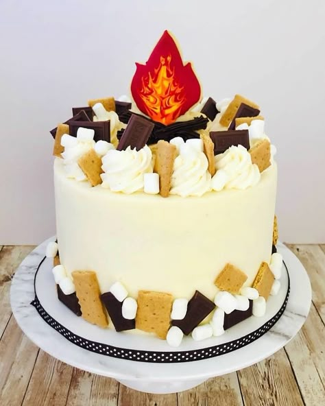 Campfire Theme Cake, October Birthday Party Food Ideas, S'mores Birthday Cake, S'more Birthday Party, Camping Birthday Cake Ideas, Glamping Cake Ideas, Smore Birthday Cake, Camping Party Cake, First Birthday Smores Theme