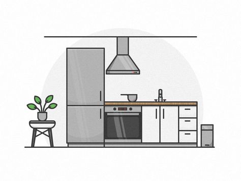 Modern Kitchen Drawing, How To Draw A Kitchen, Kitchen Drawing Easy, Cute Kitchen Drawing, Kitchen Design Drawing, Kitchen Sketch, Hotel Drawing, Mini Sala, Interior Design Vector