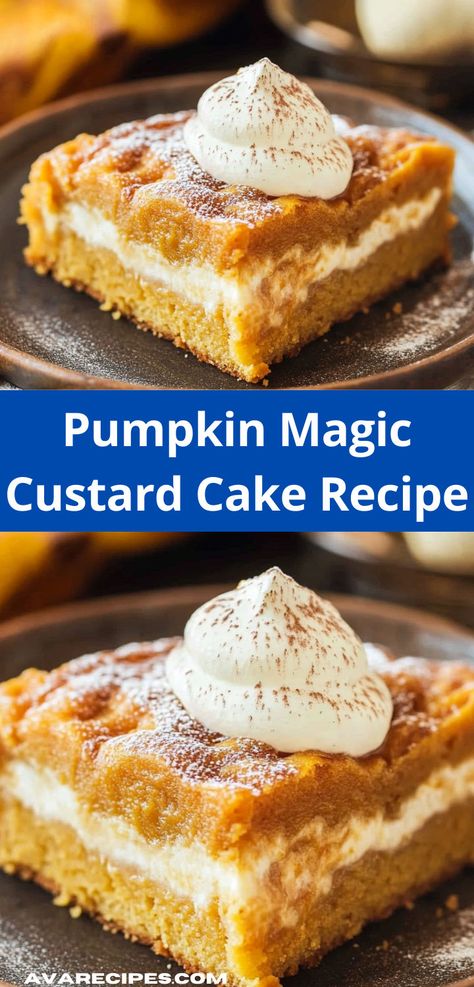 Looking for unique dessert recipes? Try this Pumpkin Magic Custard Cake Recipe! A delightful pumpkin recipe that’s perfect for dessert ideas, dinner ideas, lunch recipes, or adding variety to your pumpkin recipes collection. Magic Custard Cake Recipe, Pumpkin Magic, Magic Custard Cake, Custard Cake Recipes, Pumpkin Custard, Pumpkin Recipe, Custard Cake, Pumpkin Recipes Dessert, Unique Desserts