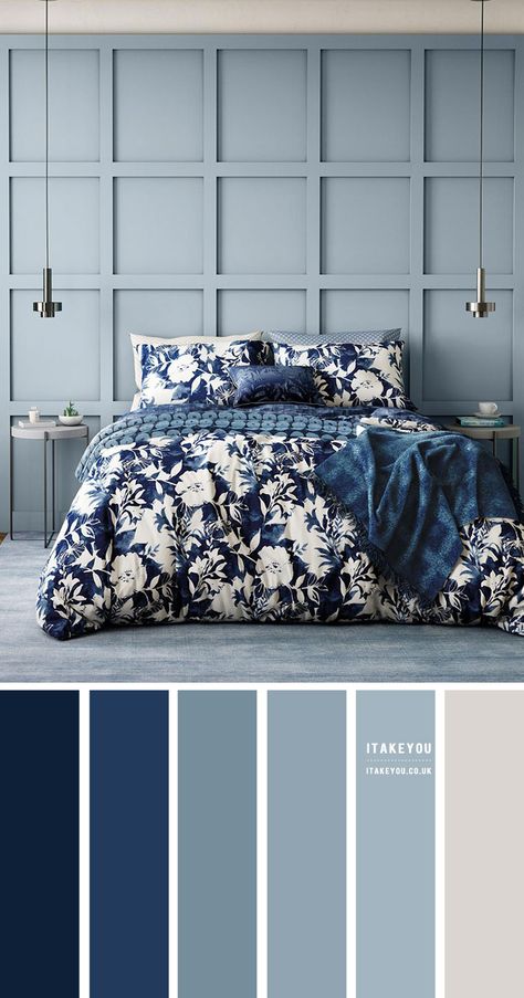 Navy Blue White And Grey Bedroom Colour Schemes, Stormy Blue Bedroom Ideas, Bedroom Colour Palette Blue, Colour Theme For House, Bedroom Colour Theme Ideas, Navy Blue Bedroom Ideas Colour Schemes, Navy Blue Bedroom Color Palette, Ocean Blue Bedroom Ideas, Dark Blue Bedroom Ideas Colour Schemes