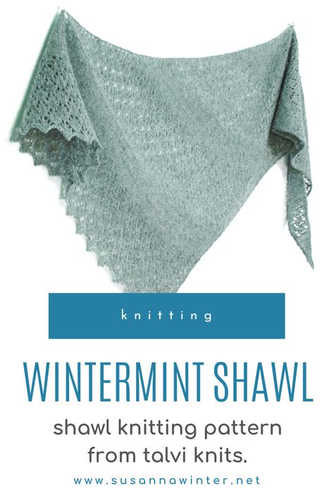 Wintermint Shawl is an asymmetric triangle shawl made of alternating sections of simple lace and even simpler texture. The leaf-like lace pattern has a rhythmically repeating 8-row repeat that's quick to memorize. The lace turns gradually into a textured pattern with vertical blips of stockinette on a reverse-stockinette background. The pattern comes in two sizes and with both written and charted instructions for all stitch patterns. #knitting #knit #lace #shawl #talviknits Stitch Patterns Knitting, Advanced Knitting Techniques, Asymmetrical Shawl, Knitting Short Rows, Tunisian Crochet Hook, Hand Knit Shawl, Triangle Shawl, Fingerless Mitts, Knitting Blogs