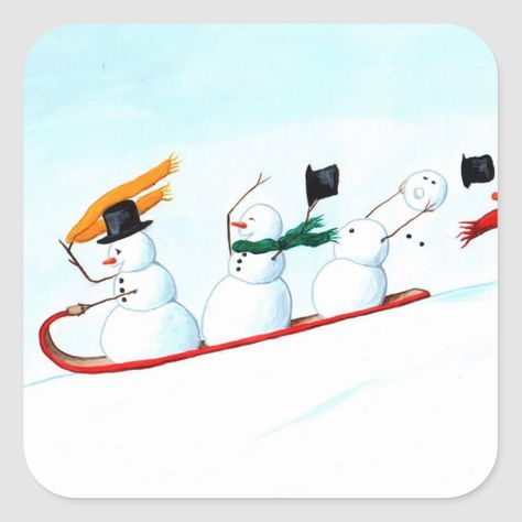 Snowmen on a Sled Classic Round Sticker | Zazzle.com Funny Snowman Drawing, Sledding Drawing, Snowman Painting Ideas, Sled Drawing, Christmas Snowman Painting, Winter Calligraphy, Snowmen Cards, Painted Christmas Cards, Funny Snowman