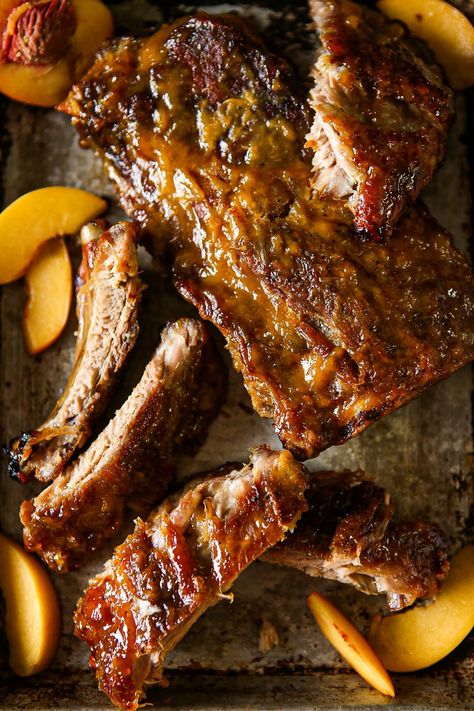 Slow cooked maple peach bourbon back ribs Bourbon Ribs, Bourbon Pork, Oven Pork Ribs, Peach Bourbon, Glazed Ribs, Recipe Inspirations, Bbq Sides, Back Ribs, Harvest Recipes