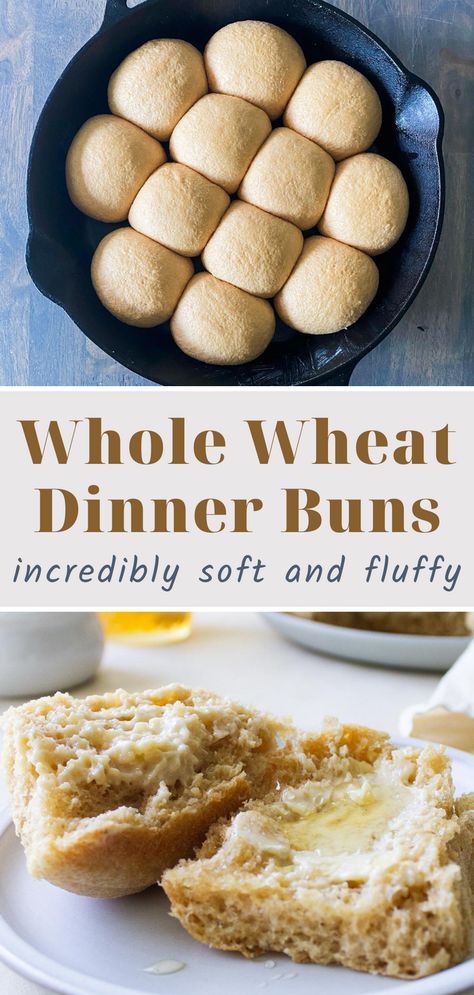 These whole wheat dinner buns are so soft and fluffy. They are delicious served with soup, stew or alone with butter and honey. These also make great slider buns. Whole Wheat Hamburger Bun Recipe, Whole Wheat Dinner Rolls Recipe, Dinner Buns, Whole Wheat Buns, Whole Wheat Dinner Rolls, Yeast Bread Rolls, Homemade Honey Butter, Whole Wheat Rolls, Mason Jar Recipe