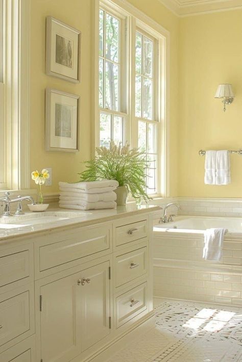 Pale Bathroom Colors, Yellow Master Bath, Colors That Go With Pale Yellow, White Bathroom Colorful Accents, Pale Yellow Bathroom Ideas, White And Yellow Bathroom, Light Yellow Bathroom, Pale Yellow Bathroom, Serenity Bathroom