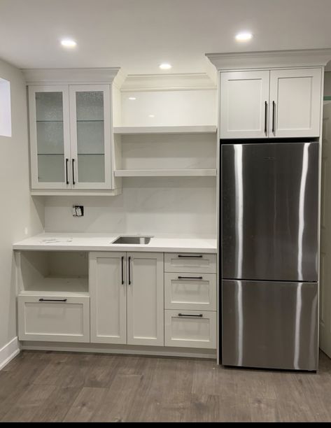 Kitchen Cabinets In Basement, Cabinets For Small Kitchen Layout, Rec Room With Kitchenette, Modern Basement Apartment Ideas, Kitchenette With Refrigerator, Office With Kitchenette, Small Kitchen In Basement Ideas, Garage Apartment Kitchenette, Basement Kitchenette With Full Size Fridge