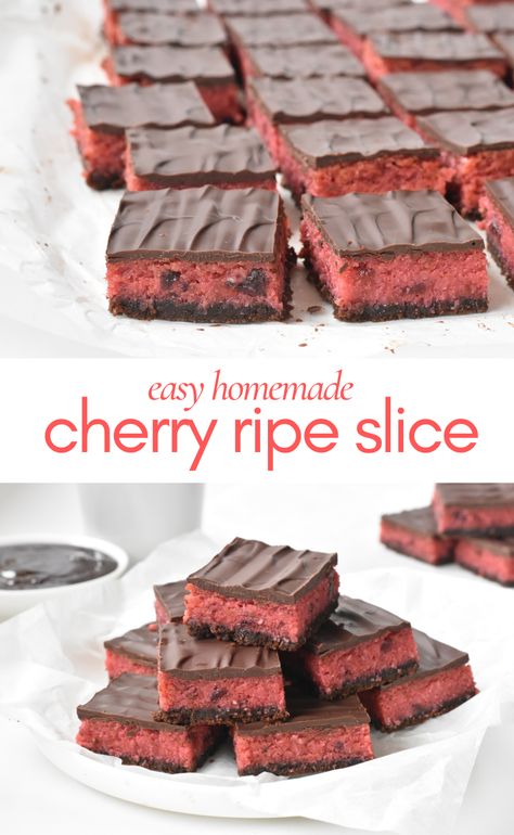 Cherry Ripe lovers will absolutely love this chewy coconut and cherry slice topped with chocolate. Cake Slice Recipe, Cherry Slices Recipe, Australian Slice Recipes, Cherry Ripe Balls, Cherry Ripe Cake, Coconut Slice Recipe, Christmas Slices Recipes, Chocolate Slice Recipe, Sweet Slices Recipes