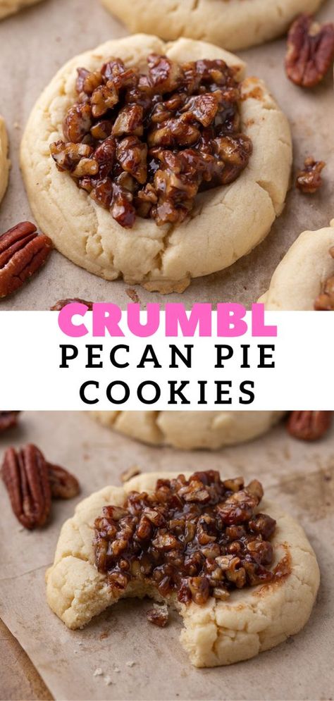 Crumbl Pecan Pie Cookies, Pecan Pie Cookies Recipe, Soft Sugar Cookie, Crumble Cookie Recipe, Pecan Pie Cookies, Buttery Sugar Cookies, Pecan Pie Filling, Cookie Base, Pie Cookies