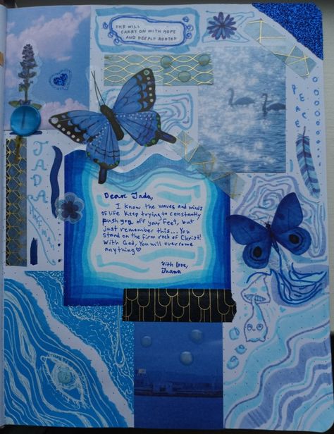 Blue Aesthetic Journal Ideas, Blue Journal Cover Ideas, Bondhu Khata Cover Page Design, Bondhu Khata Design, Scrapbook Blue Theme, Blue Aesthetic Scrapbook, Blue Journal Aesthetic, Blue Theme Journal, Blue Aesthetic Journal