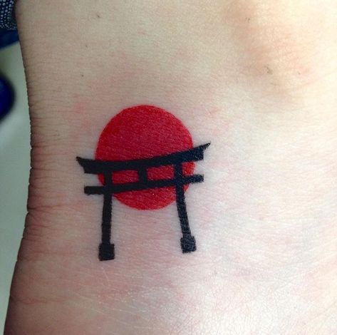 My Shinto shrine tattoo that I had done in Japan on my graduation trip! It’s a simple tattoo but has so much meaning and memories connected to it❤️ Small Simple Japanese Tattoos, Rising Sun Tattoos Japanese, Japan Flag Tattoo, Japan Tattoo Design Small, Japan Tattoo Small Simple, Japanese Flag Tattoo, Made In Japan Tattoo, Japan Small Tattoo, Shinto Shrine Tattoo