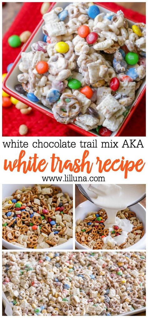 White Trash Snack Mix, Trash Recipe, Sweet Appetizers, White Trash Recipe, White Chocolate Chex Mix, Chocolate Chex Mix, Chocolate Trail Mix, Puppy Chow Chex Mix Recipe, Chex Mix Puppy Chow